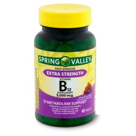 Spring Valley Extra Strength Vitamin B12 Metabolism Support Dietary Supplement Fast Dissolve Tablets, Mixed Berry, 5000 mcg, 45 Count